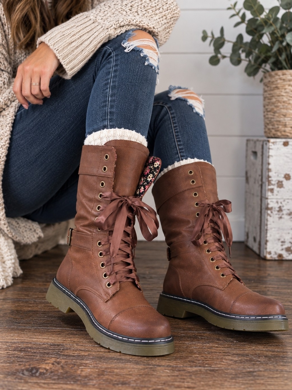 Brown Floral Lined Combat Boots Ribbon Lace Up Fold Over Moto Boots
